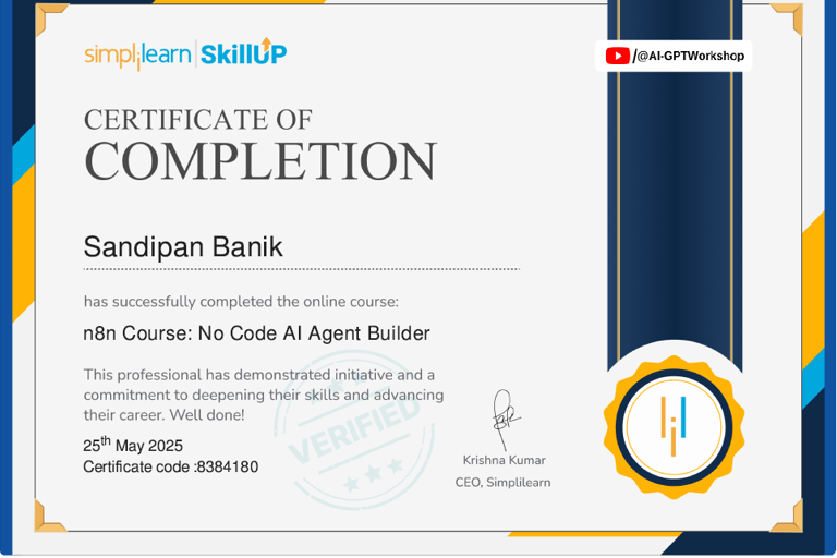 n8n AI Agent Builder - Certificate - Sandipan Banik - www.sandipanbanik.com