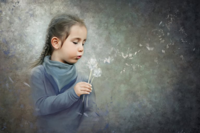 painting of a young girl blowing a dandelion