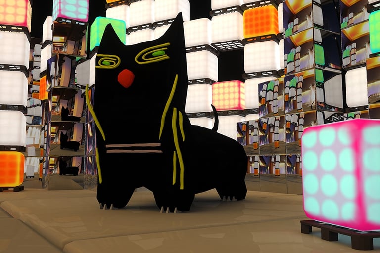 a cat in a room with squares and mirrors