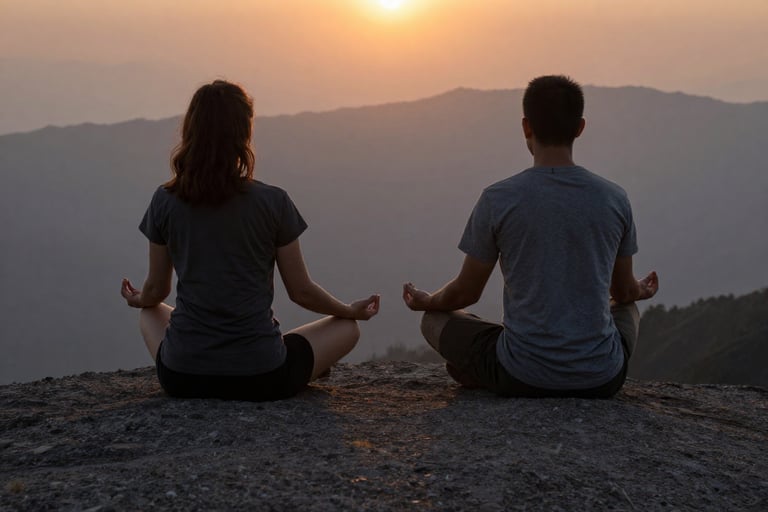 Silhouettes meditating at sunset supporting mindfulness practice for spiritual awakening 