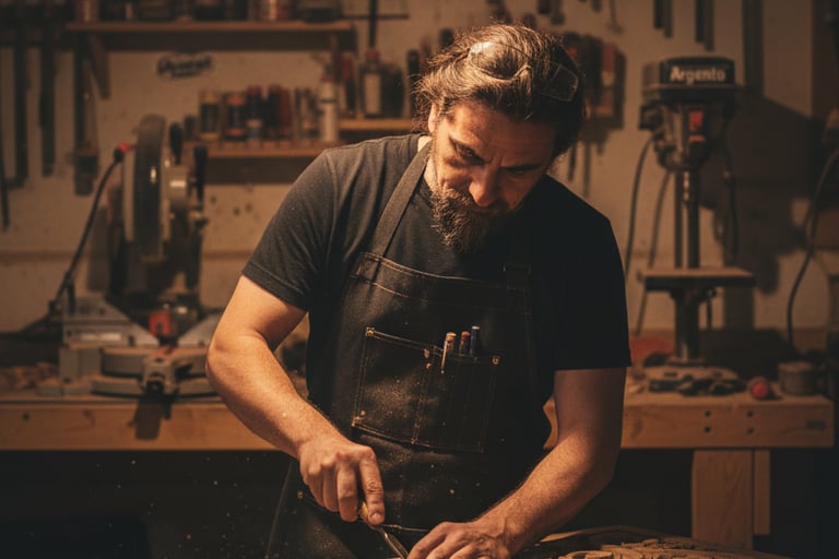 Ruben, owner of Argento Woodshop,carving a custom wood sign in his Townsend, MA workshop