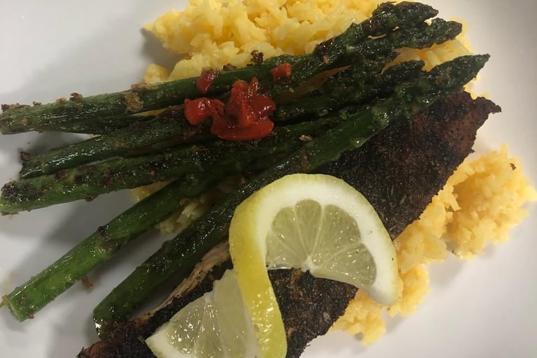 Blackened salmon, saffron rice, sautéed asparagus