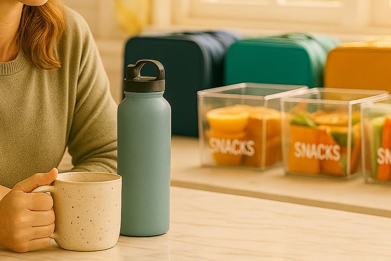 Mom sitting at counter with coffee and water, kids’ packed lunchboxes in background.