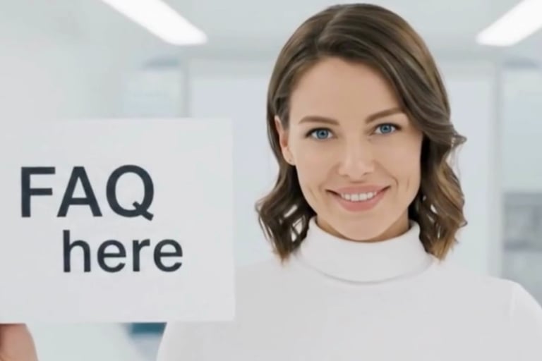 Mujer sonriente con cartel "FAQ here" - FAQ sobre progreso en terapia y coaching BiOPENSARE