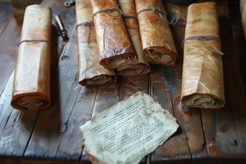 Un amas de vieux parchemins et d'un bout de lettre, sur une table en bois.