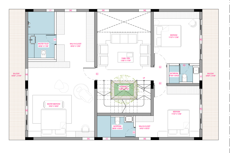 West facing Fortune Hestia villa first floor plan featuring bedrooms with attached balconies