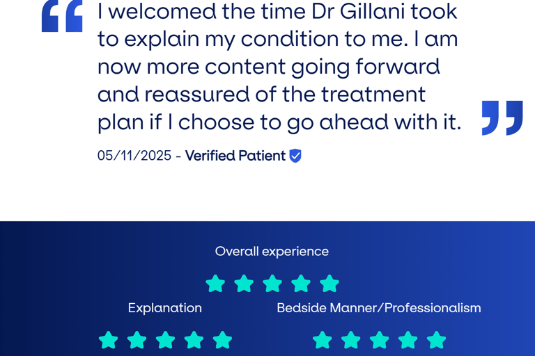 Screenshot of patient comment describing successful knee surgery and support at Gillani Knee Clinic.