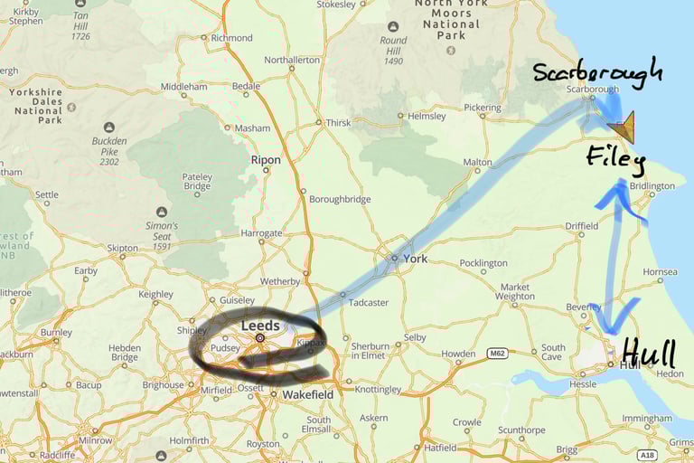 Travel Leeds to Filey; Filey to Hull