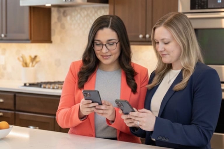 two women standing in a kitchen with a tablet and a tablet