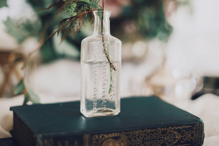Bouteille en verre contenant une plante posée sur un livre ancien