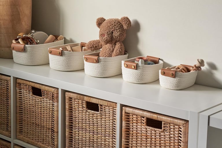 A collection of five small organizers in various colors, designed for efficient storage,organize