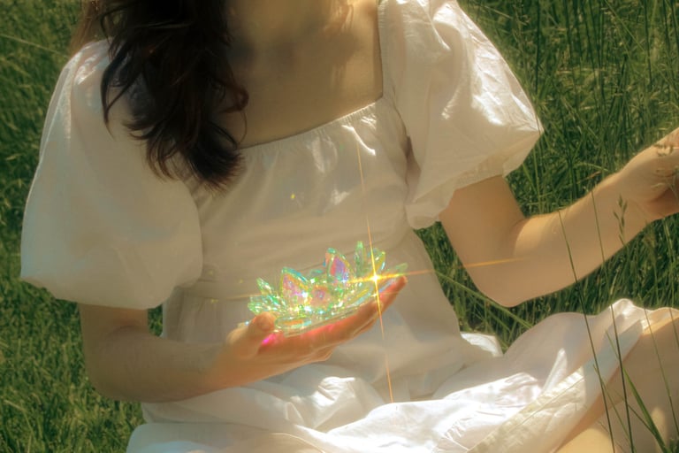 Creative cinematic detail image of model and prism in a park in northern virginia at golden hour