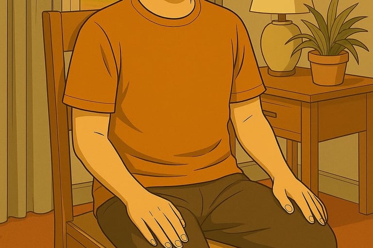 Mandarin-speaking man practising PMR in a Robinvale home, seated on a chair with calm expression and morning light.