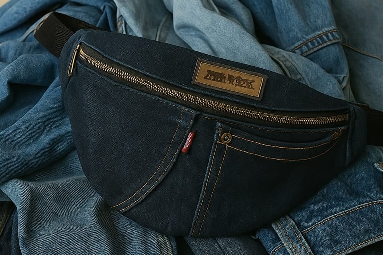 une banane lilyboo fait main en jean recycle sur un tas de jeans bleus
