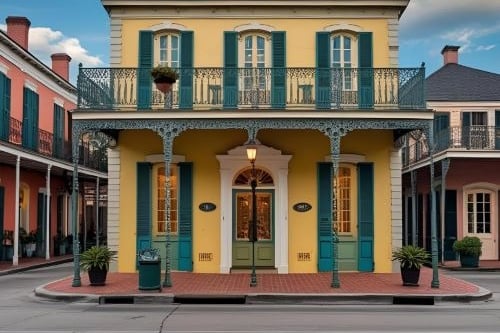 a yellow and green building with a balcony
