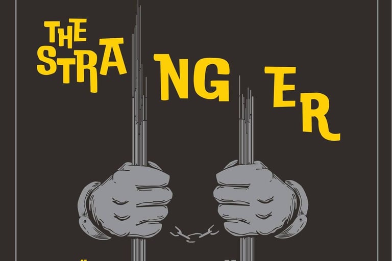 A poster of novel The Stranger. The poster containts a man in chains behind bars. 