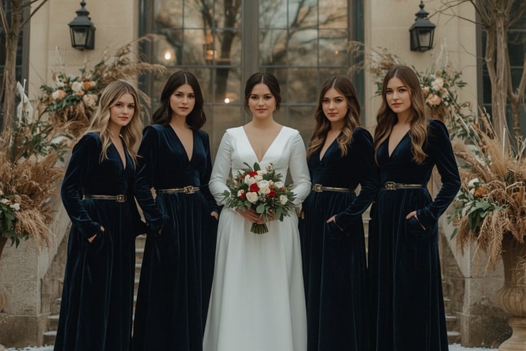 Demoiselles d’honneur à un mariage d’hiver à Bordeaux en décembre 2024, portant des robes longues