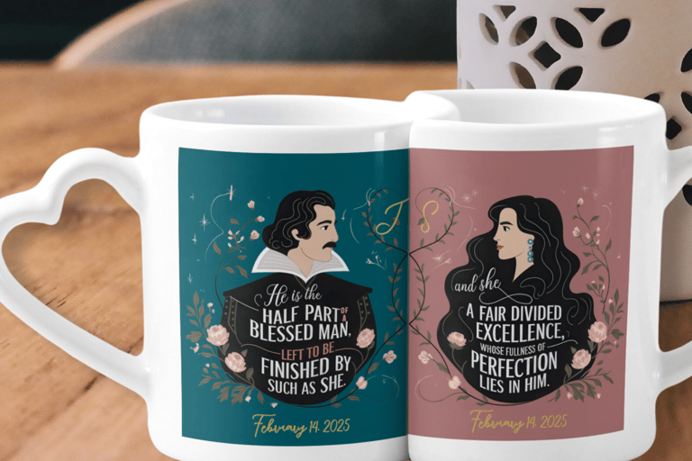 Romantic heart-handle mug set featuring Shakespearean quotes with elegant illustrations and personal