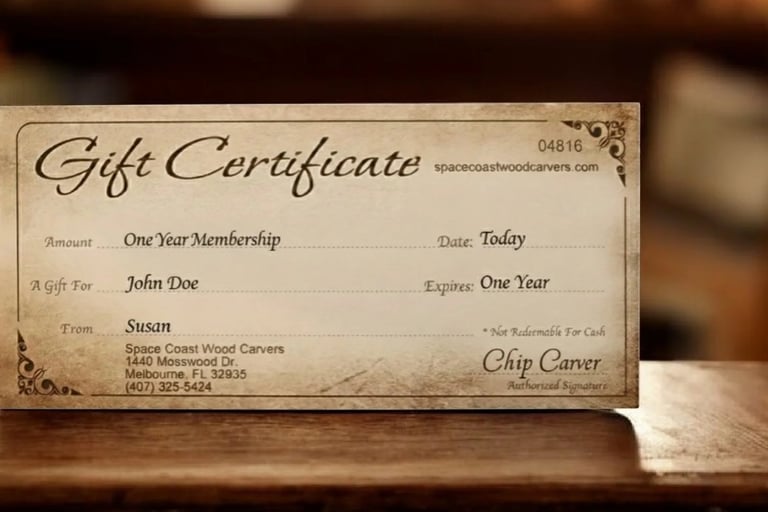 Annual wood carving club membership gift certificate.