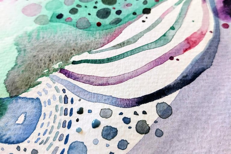 Artiste Eva Girardeau , quarelle abstraite détails, tons verts, bleus, violets