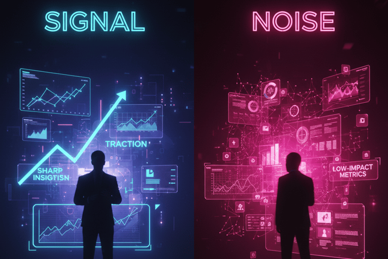 Split-screen showing the difference between strong startup signals and useless noise in a pitch deck