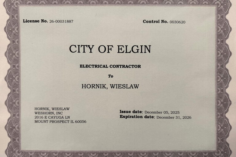 Electrical license document for licensed residential electrical contractor