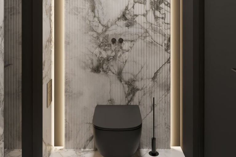 "WC kambarys su dekoratyvine apšviesta kvarco sienele"