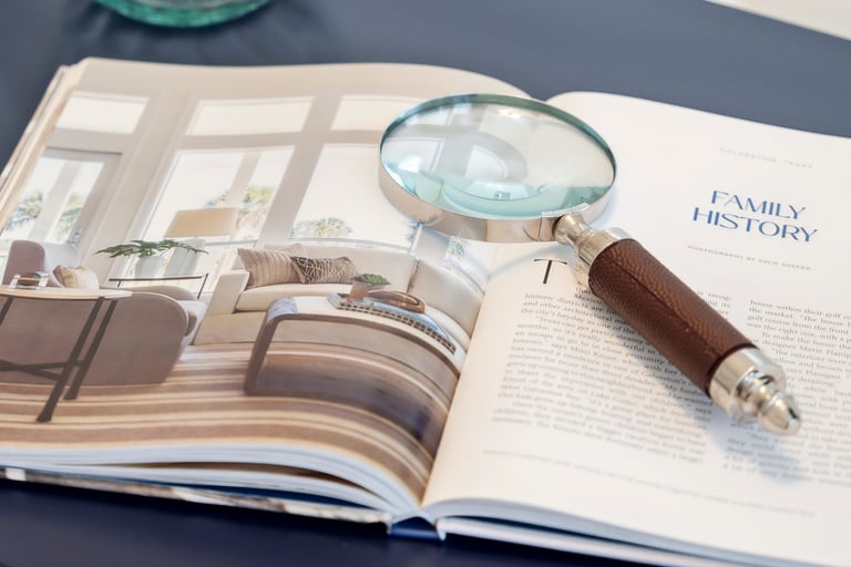 real estate detail image of a magnifying glass on a book about interior photography