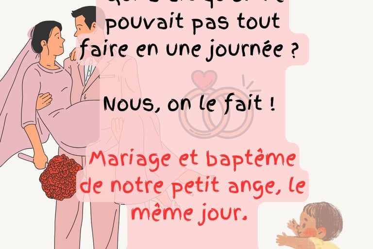 faire-part humoristique de mariage avec bapteme le meme jour