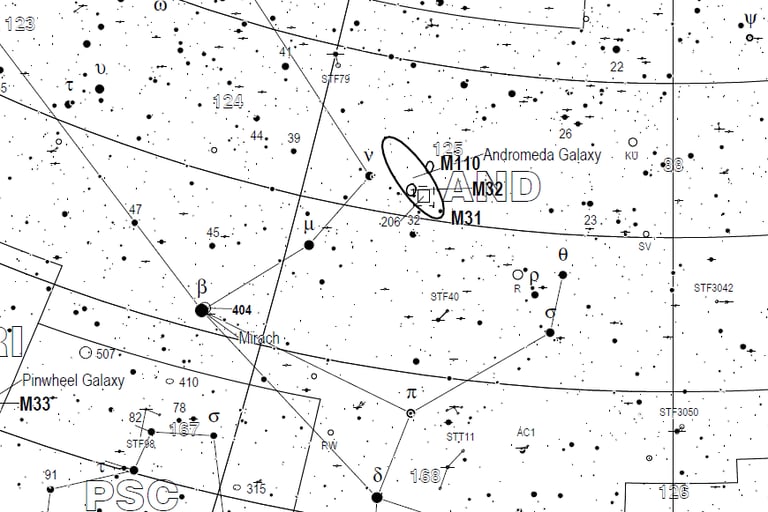 Fragmento de las Cartas Celestes Triatlas-A que muestra la constelación y galaxia de Andrómeda