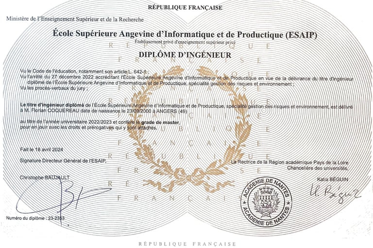 Diplôme d'ingénieur ESAIP - Certification de Florian Coquereau