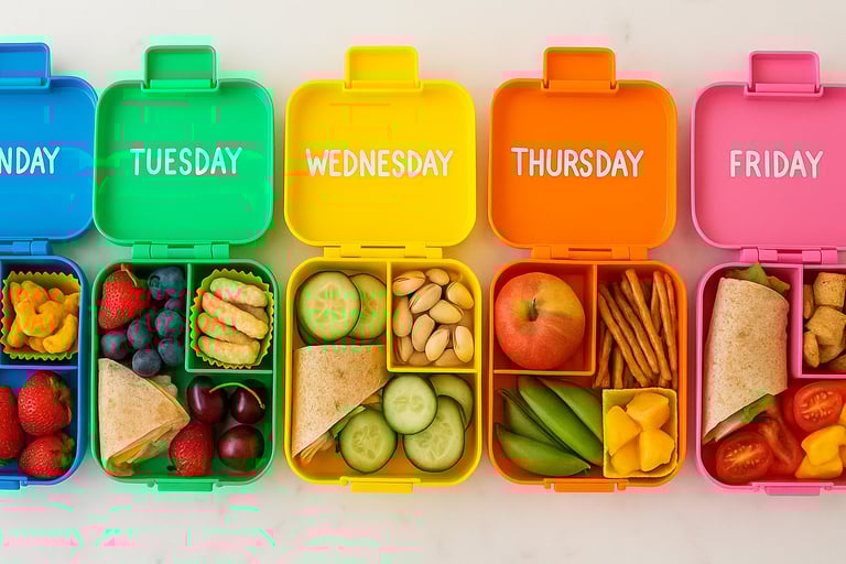 Five lunchboxes lined up on counter, each filled with a different recipe like wraps