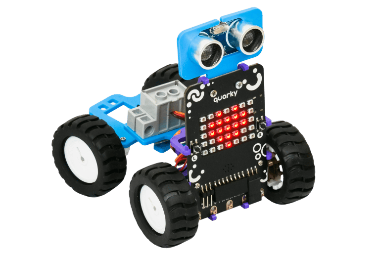 The pocket-sized Quarky programmable board for learning AI, with a grid of LEDs and two buttons.