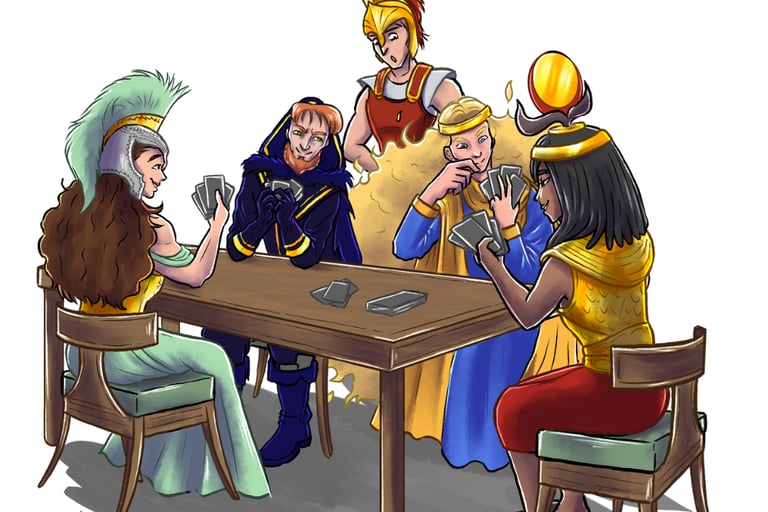 Ancient gods playing Pantheon WAR card game