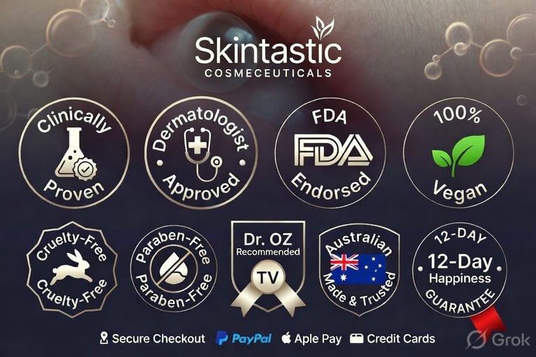 Skintastic Cosmeceuticals quality badges for vegan, cruelty-free, and paraben-free skincare products.
