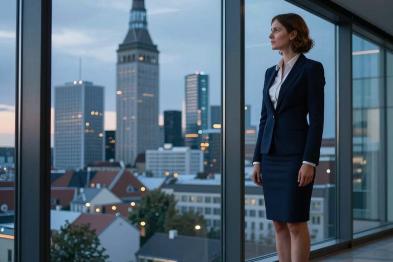 Elegant photography of a modern Estonian business person in professional attire standing by a large glass window overlooking the Tallinn skyline at dusk, steel blue and navy tones.