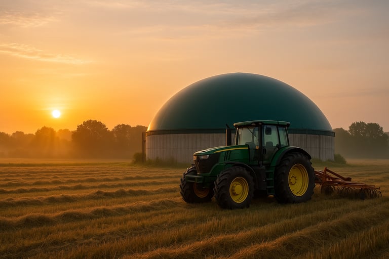 a tractor with a large green dome shaped object in the background
