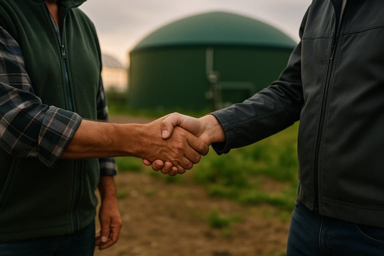 two men shaking hands with a green and white background