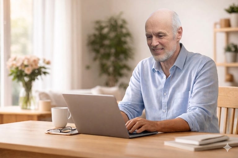 Coach erklärt Person über 60 digitale Anwendungen einfach und verständlich (KI-generiertes Bild)