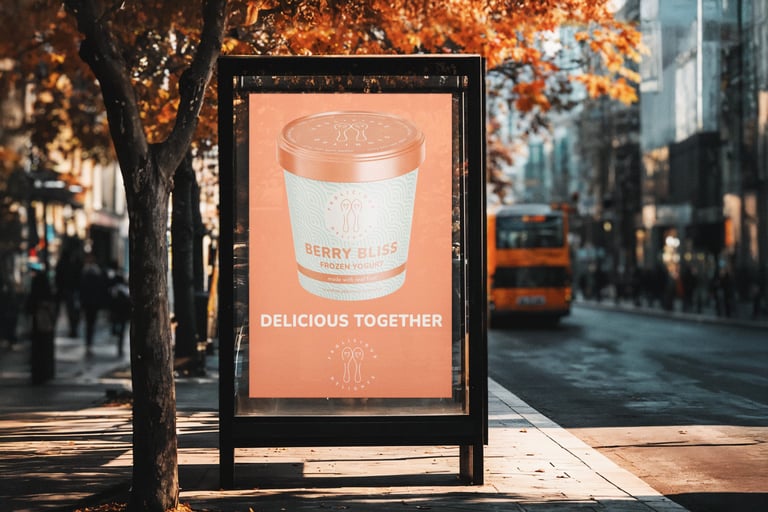 Frolicious Delights bus stop advertisement — brand identity and marketing design