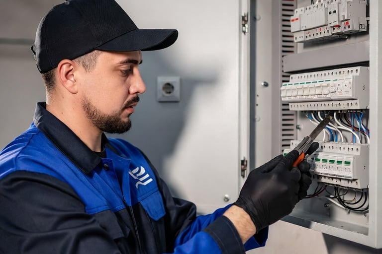 Técnico de mantenimiento de Valkiria realizando revisión eléctrica preventiva en un edificio