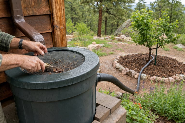 A person cleaning the filter screen of a green rain barrel system used for garden irrigation.