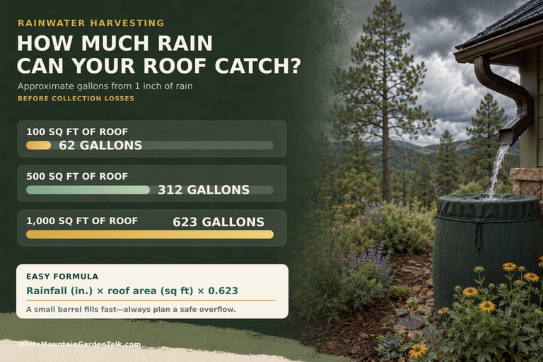 Infographic showing rainwater harvesting calculations and a rain barrel collecting water from a roof gutter.