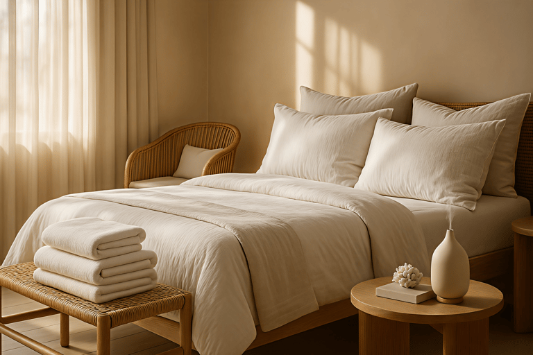 Minimalist beige bedroom with linen bedding, woven rattan furniture, and an essential oil diffuser.