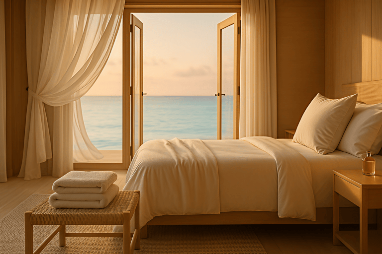 Luxury bedroom with white linens and open balcony doors overlooking a sunset ocean view.