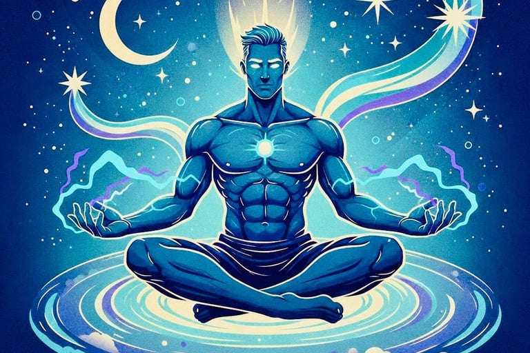 image d'un magnétisuer en lévitation avec des energie autours de lui / le loup et le hibou