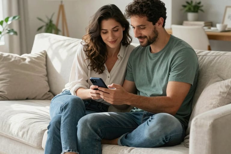 A candid photograph of a couple sitting on a modern linen sofa in a sun-drenched North American living room. They are looking at a smartphone together with gentle smiles, expressing mutual interest. Natural lighting, palette of white, sand, and teal.