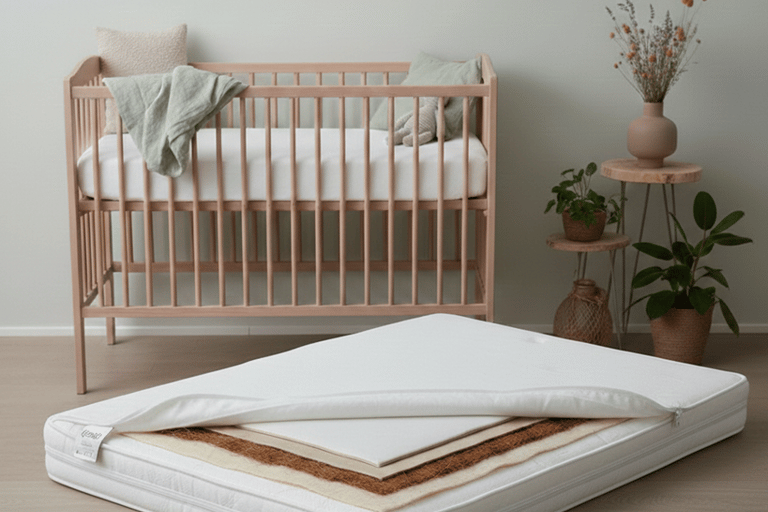 Het prolana matras natuurlatex en kokos in een lichte babykamer