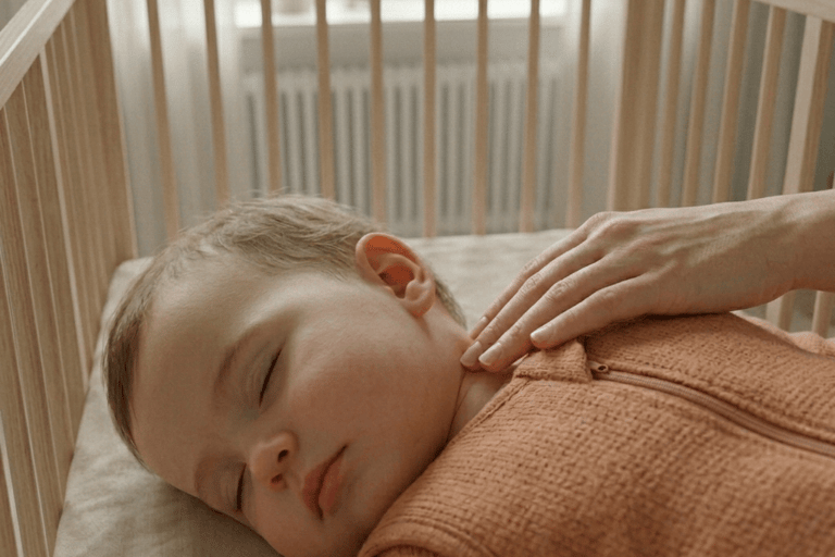 Hand checkt baby's nektemperatuur in veilig, laag bedje met wollen slaapzak, focus op teder moment.