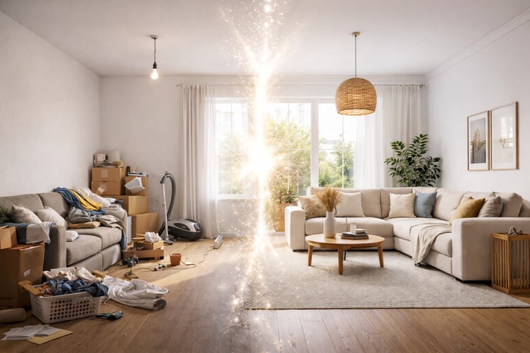 Illustration du home organising : passage du désordre à un salon ordonné et lumineux
